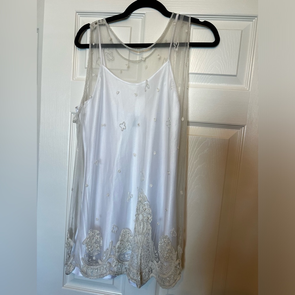 Beaded Mesh Shift Dress with Slip